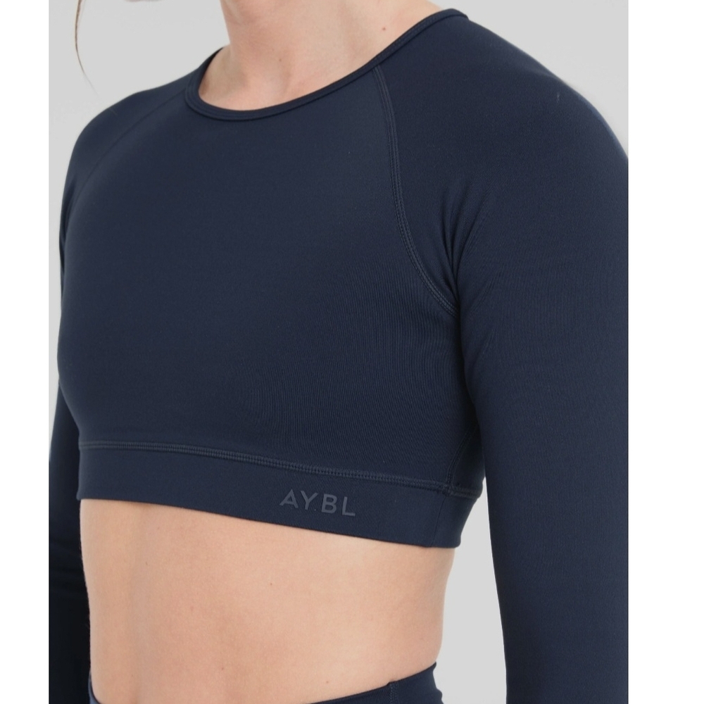 AYBL Navy Cropped Long Sleeve Performance Sporty Athletic Gym Workout Top